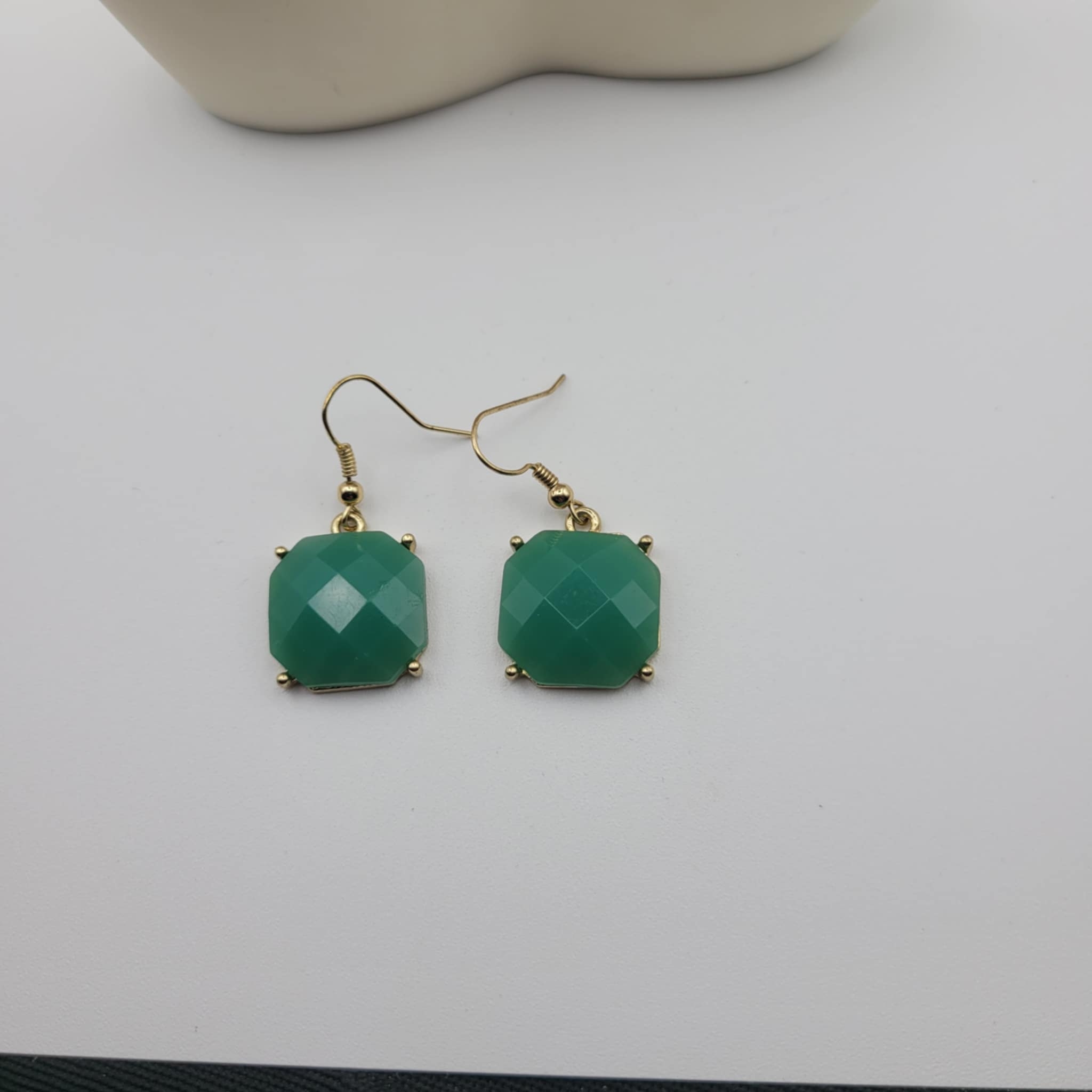 Green Gold Tone Dangle Earrings With Square Gemstones